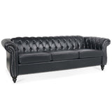 ZUN 84.65" BLACK PU Rolled Arm Chesterfield Three Seater Sofa. W68035340