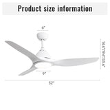 52 Inch Ceiling Fan with Light and 6-speed Remote Control 3 ABS Fan Blades White for Bredoom Patio W934P211170