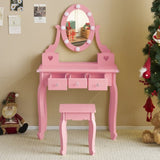 Kids Vanity Set with Mirror and Lights and Stool, 5 Storage Drawers, Pretend Play Princess Makeup 07602676