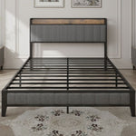 ZUN Queen Size Bed Frame with Charging Station, Upholstered Headboard, Metal Platform, Grey W1960131346