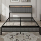 Full Size Bed Frame with Charging Station, Upholstered Headboard, Metal Platform, Grey W1960131344