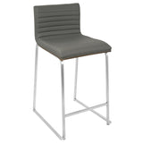 Mara 26" Contemporary Counter Stool in Brushed Stainless Steel, Walnut Wood, and Grey Faux Leather B202P222389