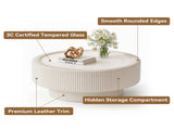 31.5" Fluted Round Storage Table - Tempered Glass Top & Premium Leather Wrapped, Modern White W3158P450848