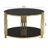 ZUN Modern Black Mirror Coffee Table, Asymmetrical Metal, Circular Metal Drum Base, Gold Finish & Lower N735P177478B