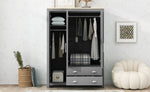 ZUN Three Door Storage Wardrobe with Cabinets and Two Hanging Rods,Gray 44921896