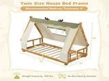 Twin Size Montessori House Floor Bed with Removable Canopy Tent, Solid Wood Kids Bed with Guardrails 41357052