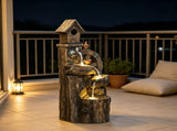 Outdoor Garden Water Fountain 3-Tier Cascading Waterfall with LED Lights, Water Wheel & Birdhouse 43826815