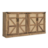 65-Inch Rustic Oak Color Faux Rattan Sideboard, Barn Door Rustic Style Sideboard, Living Room, W2702P184359