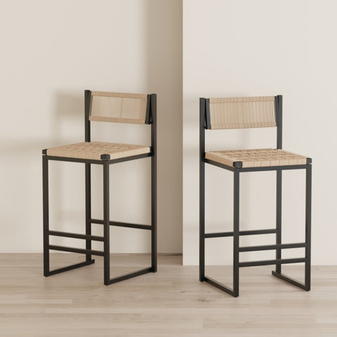 ZUN Kitchen Bar Stools with Footrest Set of 2 Paper Rope Weave Dining Chairs Counter Height Barstool W1757P254841