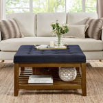 ZUN Upholstered Coffee Table Tufted Linen Large Square Ottoman with Beech Wood Shelf and Frame, W2353P183873