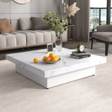 ZUN Square Marble Veneer Coffee Table Sliding Top with Storage in White 39.4'' WF322094AAK