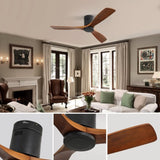 ZUN 52 Inch Low Profile Ceiling Fan DC 3 Carved Wood Fan Blade Noiseless Reversible Motor Remote Control W934P214539