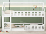 Twin over Twin House Bunk Bed with Fence and Door, White WF313047AAK