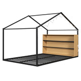 Full Size Metal Bed House Bed Frame with Shelves and Lights, Black N737P176706B