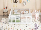 Double Twin Floor Bed with Fence, Guardrails, without door, White 37744042