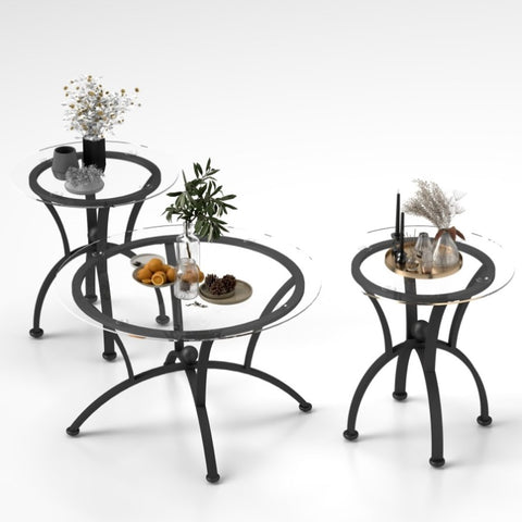 3 Piece Tempered Glass Surface Coffee Table Set, Decor Coffee Table Round End Side Table with Sturdy W2167P221147