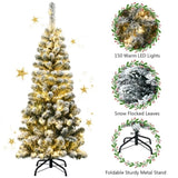 4.5ft Snow Flocked Pencil Christmas Tree - 242 Tips, 150 Warm LEDs, Premium PVC, Sturdy Metal Stand 68292207