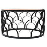 ZUN 32 Inch Round Coffee Table, Mango Wood Top, Lattice Cut Out Metal Frame, Brown, Black B05691253