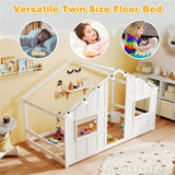 Twin-Size Kids House White Floor Bed- 82"x42"x51" Size, LED Light Strip for Cozy 73789275