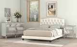 Upholstered Platform Bed with Saddle Curved Headboard and Diamond Tufted Details, King, Beige WF294420AAA