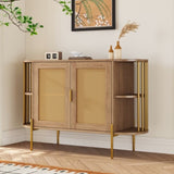 TREXM 2-Door Elegant Curved Dining Cabinet with Gold Trim and Woven Rattan Doors for Dining Room N715P172740E