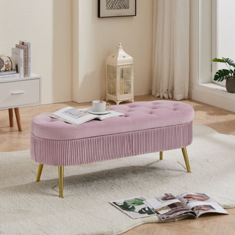 ZUN Storage bench velvet suit a bedroom soft mat tufted bench sitting room porch oval footstool The pink W1359102707