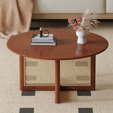 A natural and elegant deep red wooden coffee table with artificial rattan decorations, perfect for a W1512P363031