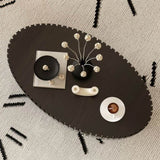 Oval Coffee Table Handcrafted Relief Sturdy Pedestal Wooden Olive-Shaped Tea Table for Living Room W3081P255089