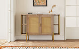 TREXM 2-Door Elegant Curved Dining Cabinet with Gold Trim and Woven Rattan Doors for Dining Room N715P172740E