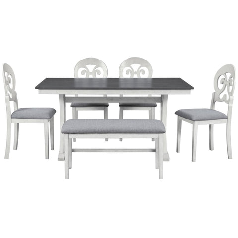 ZUN Mid-Century 6-Piece Trestle Table Set with Victorian Round Upholstered Dining Chairs and Long Bench, 54682217