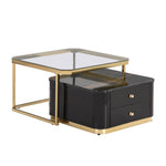 ZUN Modern 2 Pieces Black Square Nesting Coffee Table with Drawers & Electroplated gold legs in 27.6'' 91573413