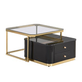 ZUN Modern 2 Pieces Black Square Nesting Coffee Table with Drawers & Electroplated gold legs in 27.6'' WF325925AAB