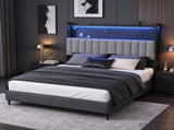 King Size Headboard with Pegboard Storage Shelf, Adjustable Upholstered Backrest, RGB LED Light 30670695