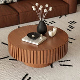 Round Coffee Table Handcrafted Relief Sturdy Pedestal Wooden Olive-Shaped Tea Table for Living Room W3081P255076