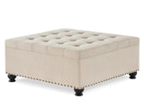 Large square storage ottoman with wooden legs, Upholstered button tufted coffee table with nail W2186142955
