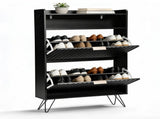 Shoe cabinet with slatted front panel and side panels, two compartments with top flip-up lids, two 63458955
