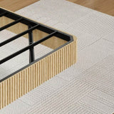 Oak King Floating Bed Frame with LED Lights, Wave Curve Wood Texture Bed with Heavy Duty Metal Slats W1820P333577