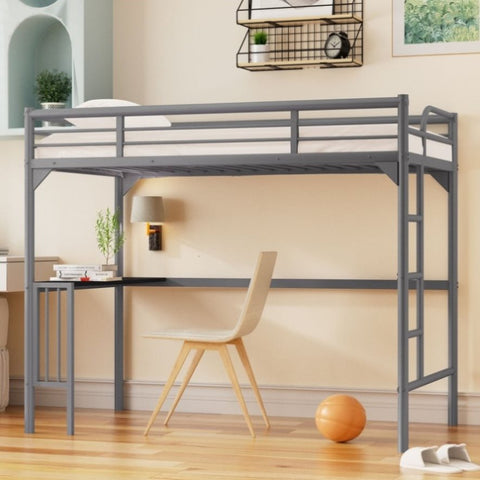 ZUN Twin Metal loft Bed with Desk, Ladder and Guardrails, bookdesk under bed, Silver W1676105930