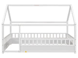 Full Size Floor Wooden Bed with House Roof Frame, Fence Guardrails,White W1858123986