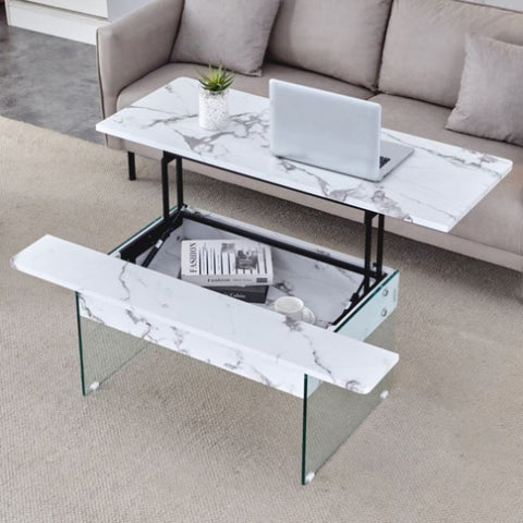 ZUN Multifunctional Lift Top Coffee Table -White Marble Pattern, Essential for Modern Homes.Tempered W2920P226076