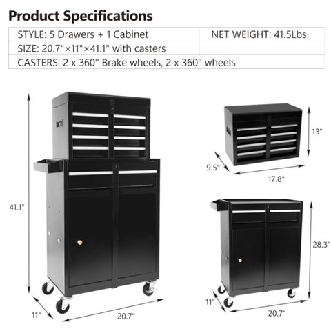 ZUN Rolling Garage Workshop Organizer Detachable 5 Drawer Tool Chest with Large Storage Cabinet and 40094881