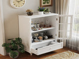 Minimalist White Buffet Cabinet with Double Glass Doors and Drawer, Modern Wooden Storage Sideboard W2557P189574