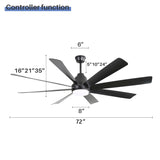 ZUN 72 Inch Large Ceiling Fans with Lights and Remote Control 6 Wind Speed DC Motor Black for Living W934P230674