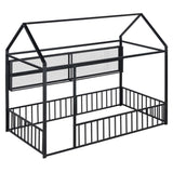 Twin Size Metal Bed House Bed Frame with Fence and Shelves, Black N737P175360B