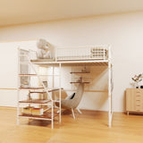Full size loft metal bed with white for bedroom and dormitory, with built-in charging station and 12090426
