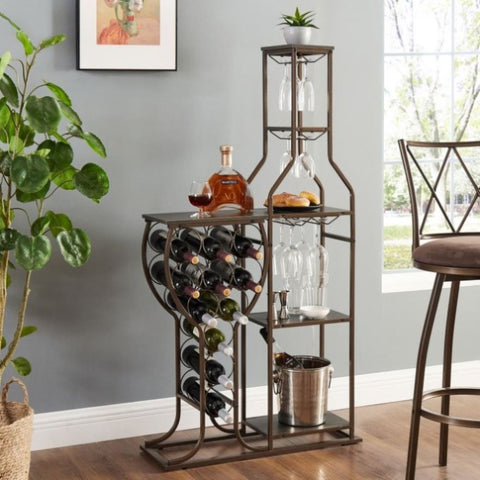 ZUN Grey 11 Bottle Wine Bakers Rack, 5 Tier Freestanding Wine Rack with Hanging Wine Glass Holder and W2167P166193