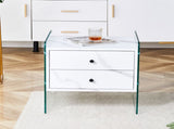 Double-drawer bedside table. The board surface is MDF sticker, and both sides are transparent W1151P191734