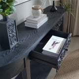 59.2in Black Carved Wooden Console Table with Lower Storage Shelf Tow Drawers Elegant Decorative W2729P270742