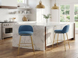 Rio Claro Indoor Metal Upholstered Barstool, Gold Finished Frame and Blue Upholstery, Set of 2 N775P268026U