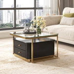 ZUN Modern 2 Pieces Black Square Nesting Coffee Table with Drawers & Electroplated gold legs in 27.6'' 91573413